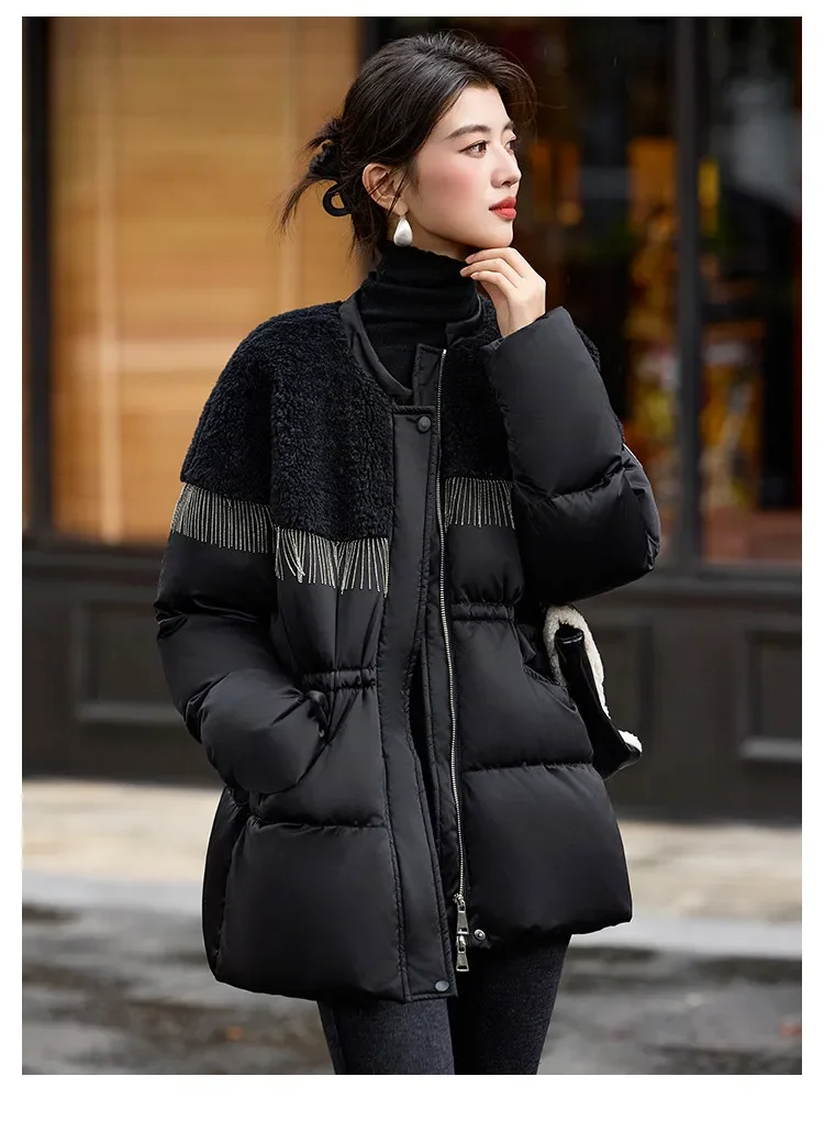 LOUIS YAO Black Women's Down Coats 2025 Autumn/Winter Suzhou Embroidery Patchwork A Tassel-decorated Spliced Coat Down Jacket