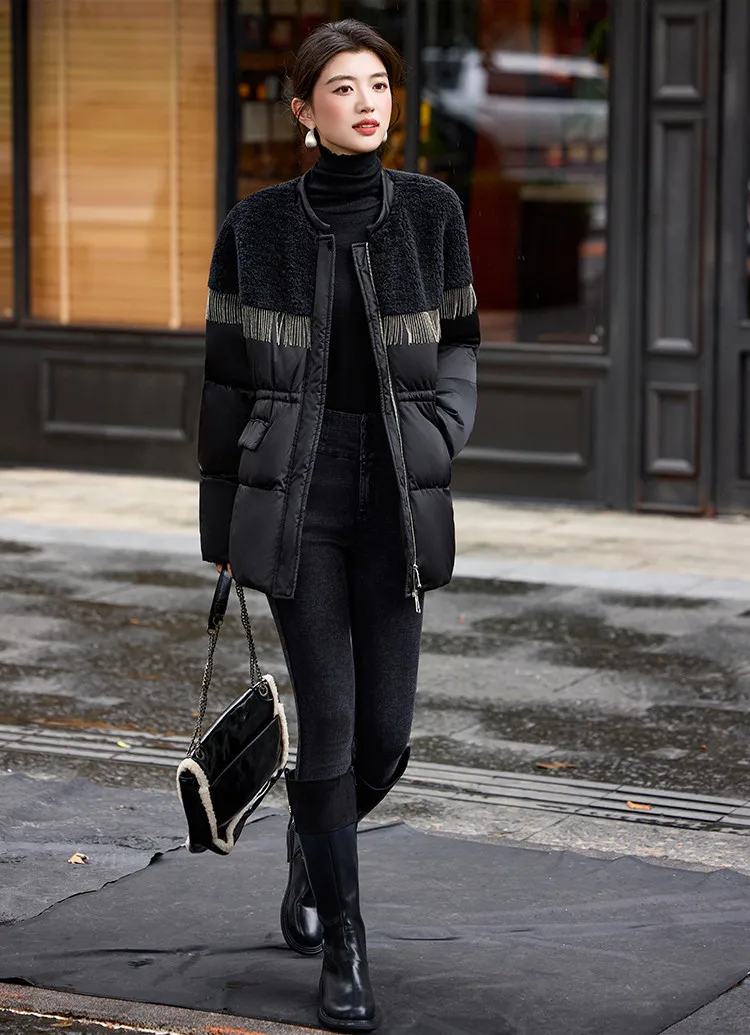 LOUIS YAO Black Women's Down Coats 2025 Autumn/Winter Suzhou Embroidery Patchwork A Tassel-decorated Spliced Coat Down Jacket