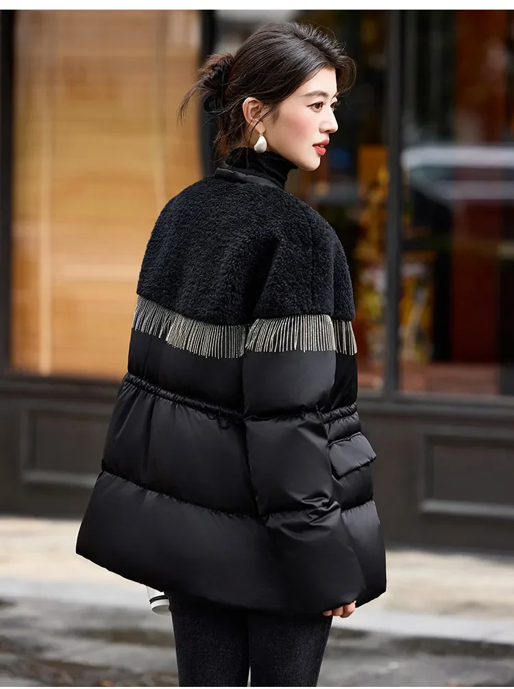 LOUIS YAO Black Women's Down Coats 2025 Autumn/Winter Suzhou Embroidery Patchwork A Tassel-decorated Spliced Coat Down Jacket