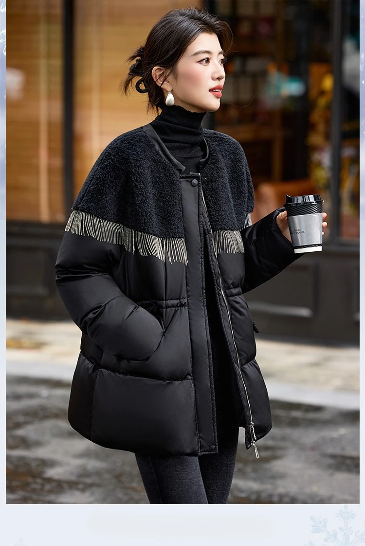 LOUIS YAO Black Women's Down Coats 2025 Autumn/Winter Suzhou Embroidery Patchwork A Tassel-decorated Spliced Coat Down Jacket