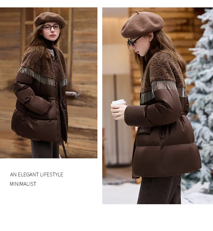 LOUIS YAO Black Women's Down Coats 2025 Autumn/Winter Suzhou Embroidery Patchwork A Tassel-decorated Spliced Coat Down Jacket