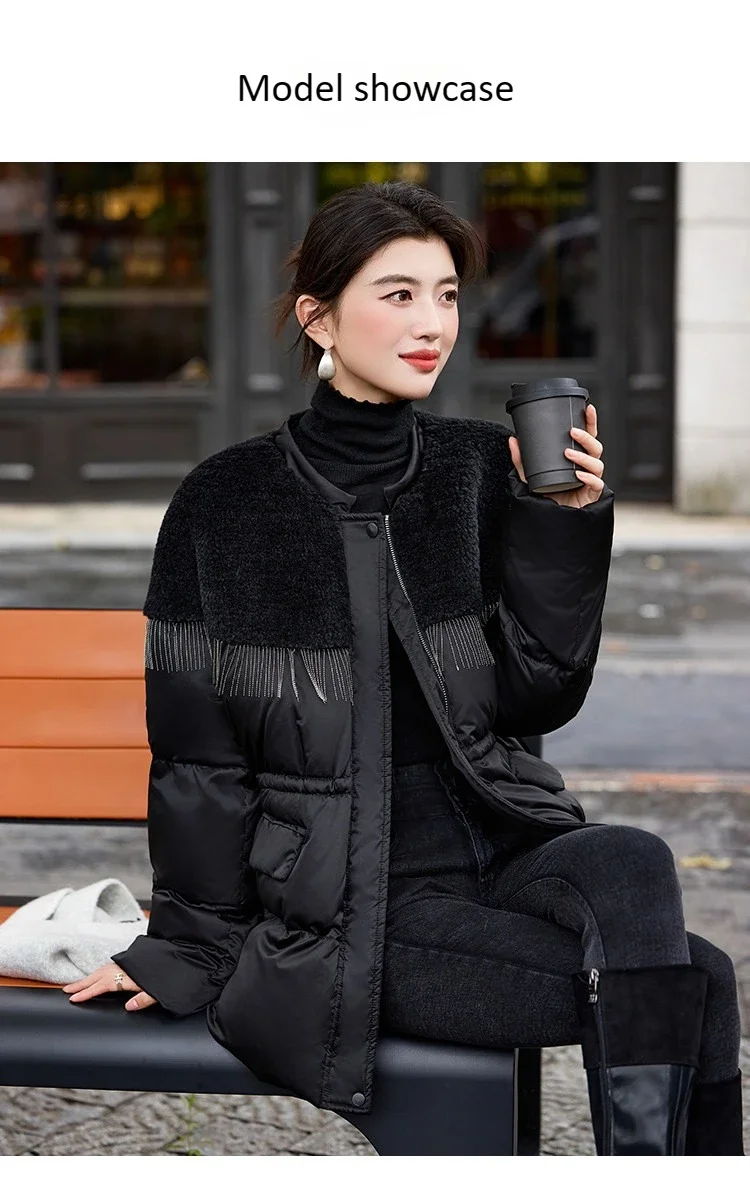 LOUIS YAO Black Women's Down Coats 2025 Autumn/Winter Suzhou Embroidery Patchwork A Tassel-decorated Spliced Coat Down Jacket