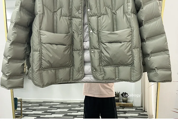 Lagabogy 2025 Winter Women 90% White Duck Down Coat Female Stand Collar Single-Breasted Puffer Jacket Casual Loose Hooded Parkas