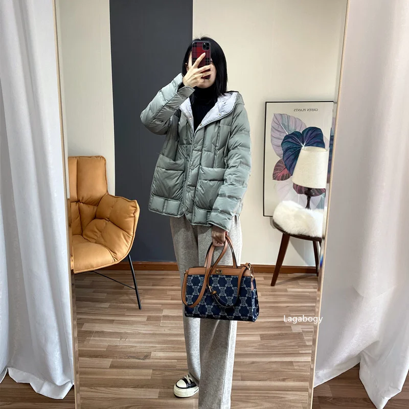 Lagabogy 2025 Winter Women 90% White Duck Down Coat Female Stand Collar Single-Breasted Puffer Jacket Casual Loose Hooded Parkas
