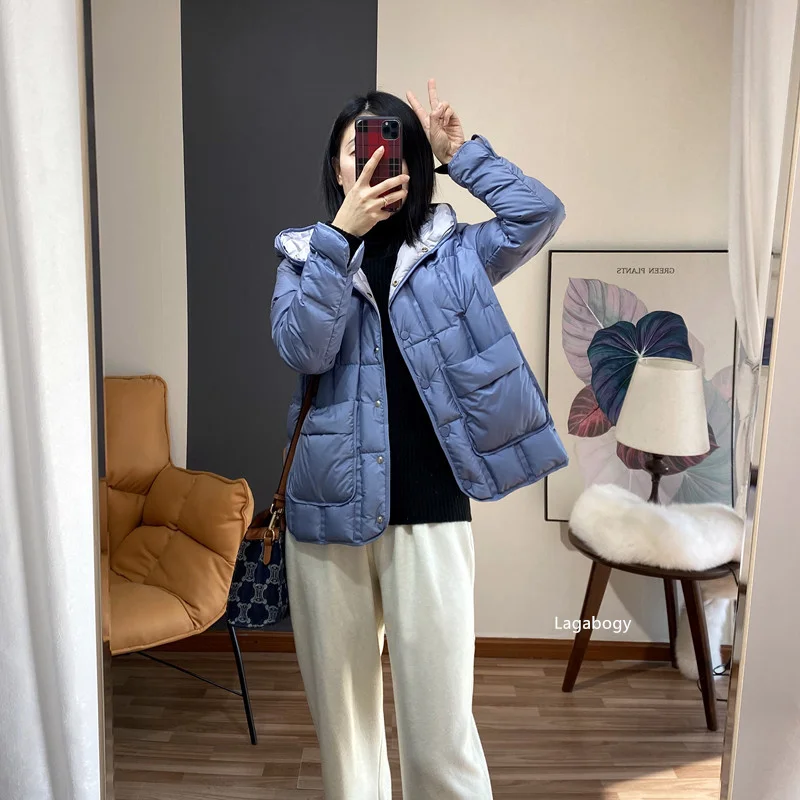 Lagabogy 2025 Winter Women 90% White Duck Down Coat Female Stand Collar Single-Breasted Puffer Jacket Casual Loose Hooded Parkas