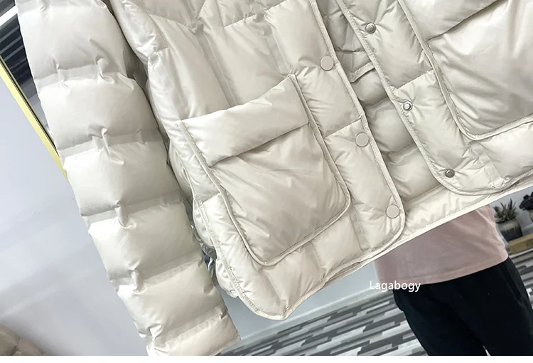 Lagabogy 2025 Winter Women 90% White Duck Down Coat Female Stand Collar Single-Breasted Puffer Jacket Casual Loose Hooded Parkas