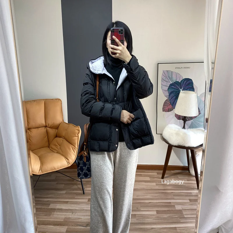 Lagabogy 2025 Winter Women 90% White Duck Down Coat Female Stand Collar Single-Breasted Puffer Jacket Casual Loose Hooded Parkas