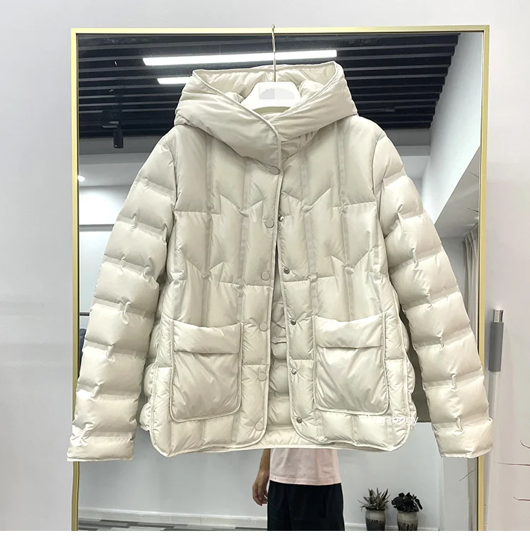 Lagabogy 2025 Winter Women 90% White Duck Down Coat Female Stand Collar Single-Breasted Puffer Jacket Casual Loose Hooded Parkas