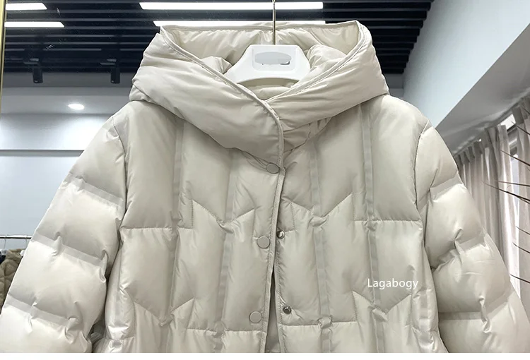 Lagabogy 2025 Winter Women 90% White Duck Down Coat Female Stand Collar Single-Breasted Puffer Jacket Casual Loose Hooded Parkas