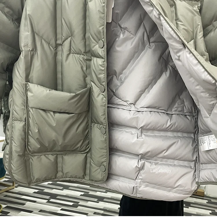 Lagabogy 2025 Winter Women 90% White Duck Down Coat Female Stand Collar Single-Breasted Puffer Jacket Casual Loose Hooded Parkas