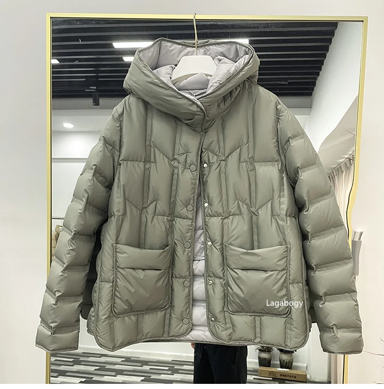 Lagabogy 2025 Winter Women 90% White Duck Down Coat Female Stand Collar Single-Breasted Puffer Jacket Casual Loose Hooded Parkas