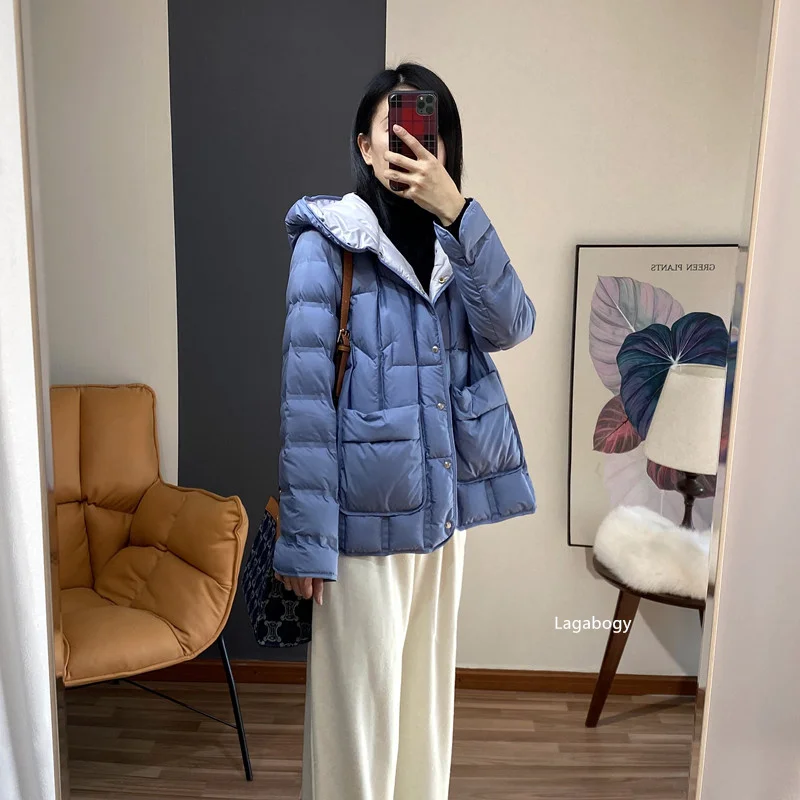 Lagabogy 2025 Winter Women 90% White Duck Down Coat Female Stand Collar Single-Breasted Puffer Jacket Casual Loose Hooded Parkas