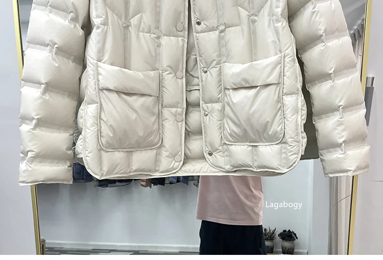 Lagabogy 2025 Winter Women 90% White Duck Down Coat Female Stand Collar Single-Breasted Puffer Jacket Casual Loose Hooded Parkas