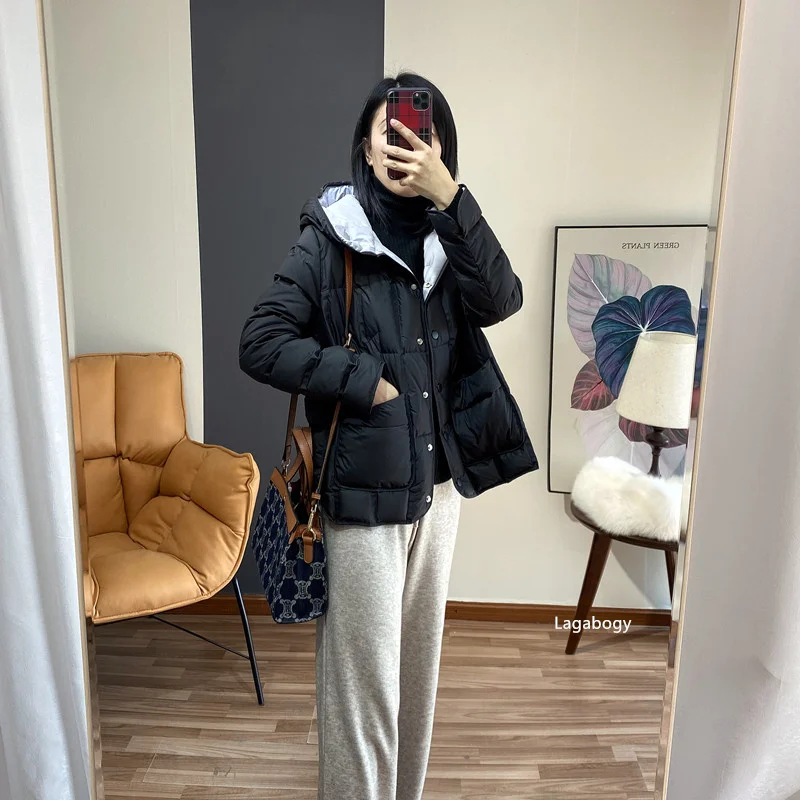 Lagabogy 2025 Winter Women 90% White Duck Down Coat Female Stand Collar Single-Breasted Puffer Jacket Casual Loose Hooded Parkas