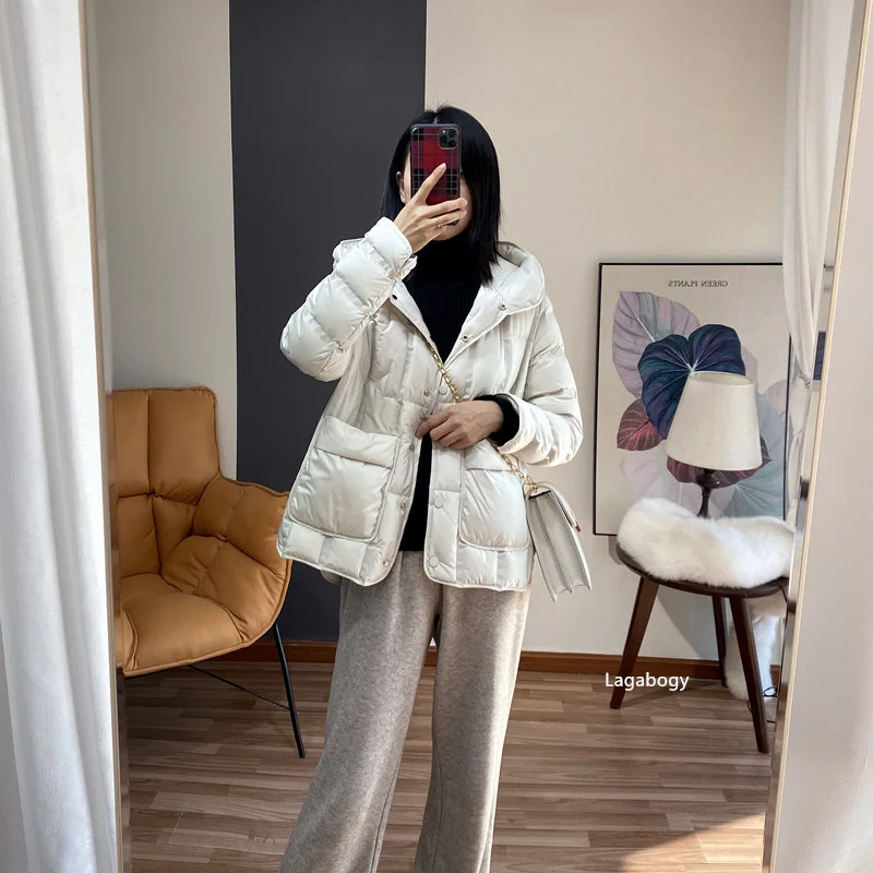 Lagabogy 2025 Winter Women 90% White Duck Down Coat Female Stand Collar Single-Breasted Puffer Jacket Casual Loose Hooded Parkas