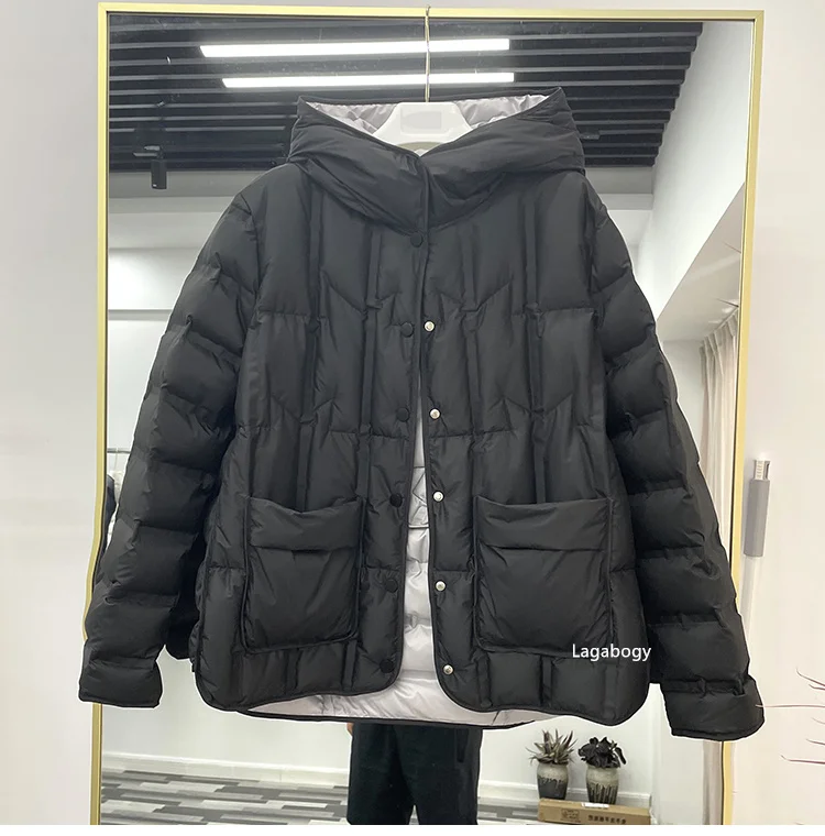 Lagabogy 2025 Winter Women 90% White Duck Down Coat Female Stand Collar Single-Breasted Puffer Jacket Casual Loose Hooded Parkas