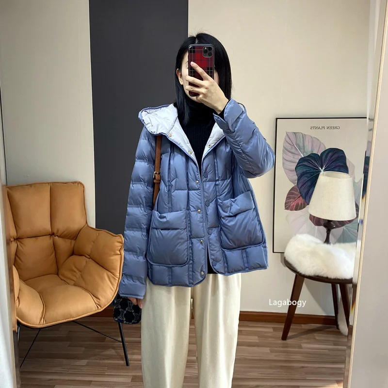 Lagabogy 2025 Winter Women 90% White Duck Down Coat Female Stand Collar Single-Breasted Puffer Jacket Casual Loose Hooded Parkas