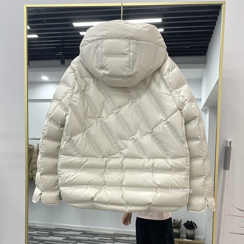 Lagabogy 2025 Winter Women 90% White Duck Down Coat Female Stand Collar Single-Breasted Puffer Jacket Casual Loose Hooded Parkas