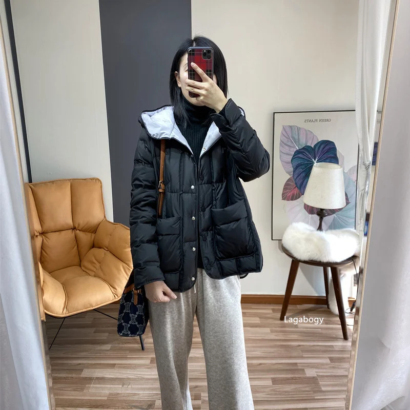 Lagabogy 2025 Winter Women 90% White Duck Down Coat Female Stand Collar Single-Breasted Puffer Jacket Casual Loose Hooded Parkas