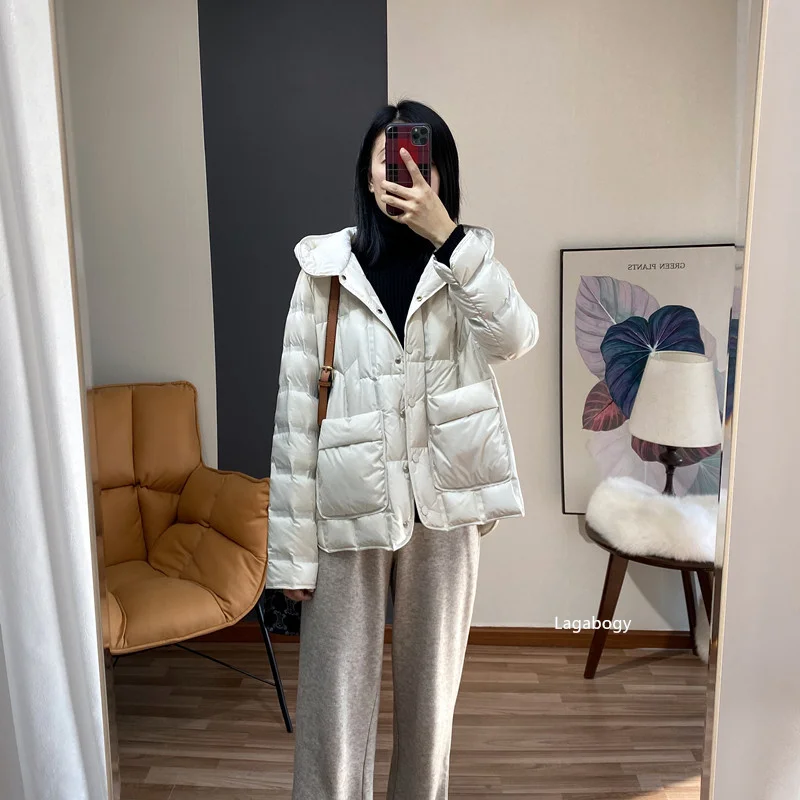 Lagabogy 2025 Winter Women 90% White Duck Down Coat Female Stand Collar Single-Breasted Puffer Jacket Casual Loose Hooded Parkas