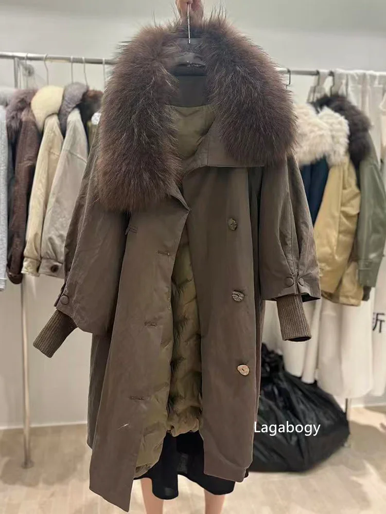 Lagabogy New Luxury Real Raccoon Fur Puffer Jacket Outerwear Women Long Thick Warm White Duck Down Jacket Female Loose Parkas