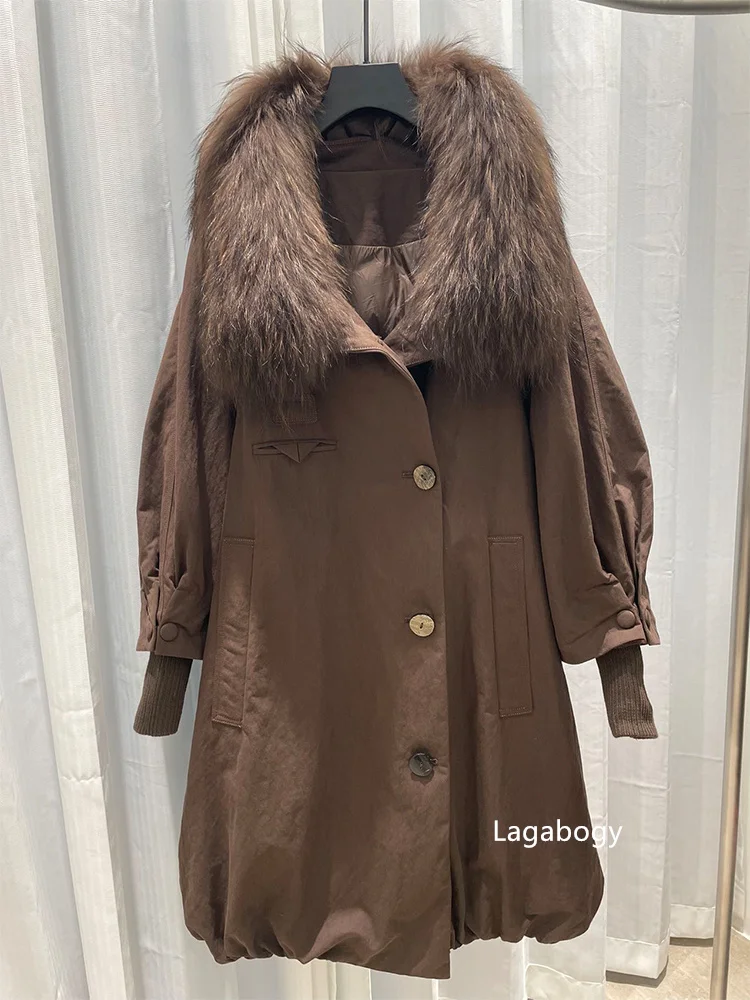 Lagabogy New Luxury Real Raccoon Fur Puffer Jacket Outerwear Women Long Thick Warm White Duck Down Jacket Female Loose Parkas