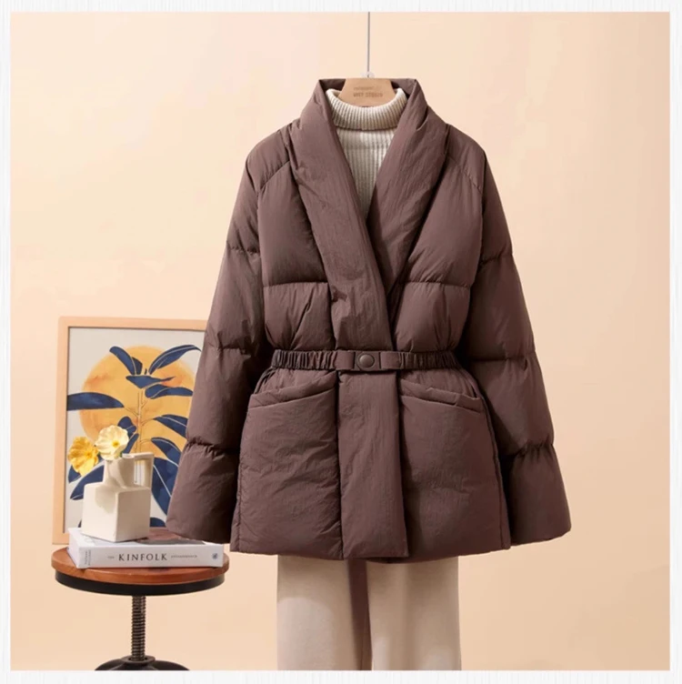 Schinteon Women White Duck Down Jacket Casual Loose Belt V-neck Collar Fashion Autumn Winter Outwear Korean Style Coat 2025 New