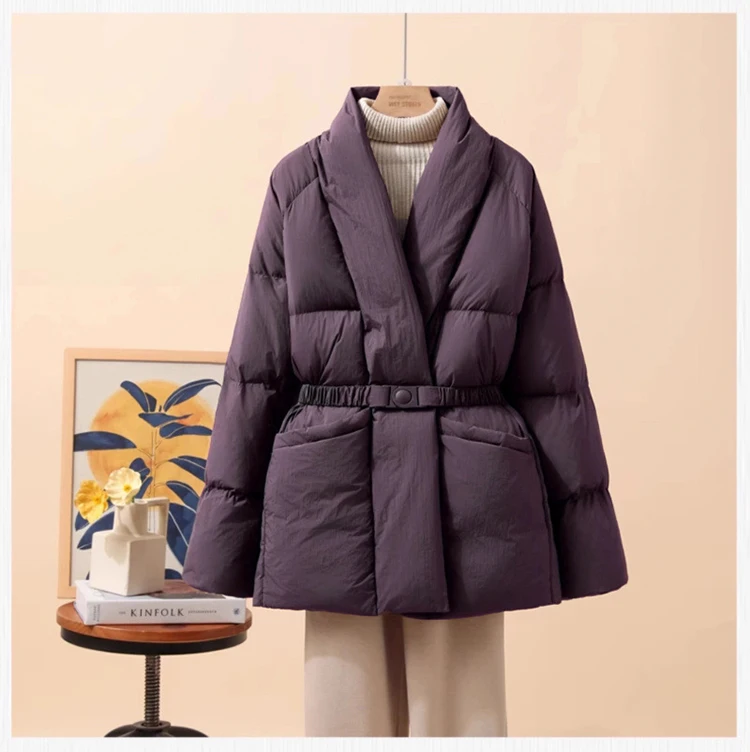Schinteon Women White Duck Down Jacket Casual Loose Belt V-neck Collar Fashion Autumn Winter Outwear Korean Style Coat 2025 New