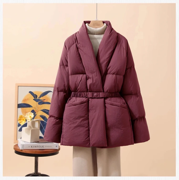 Schinteon Women White Duck Down Jacket Casual Loose Belt V-neck Collar Fashion Autumn Winter Outwear Korean Style Coat 2025 New
