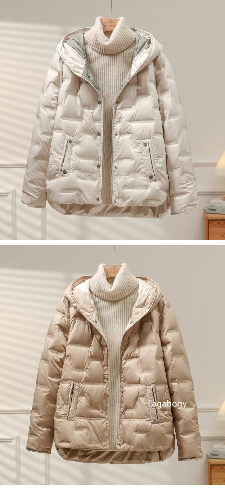 Lagabogy 2025 Autumn Winter Women White Duck Down Coat Casual Single Breasted Hooded Jacket Female Light Puffer Parka Outwear