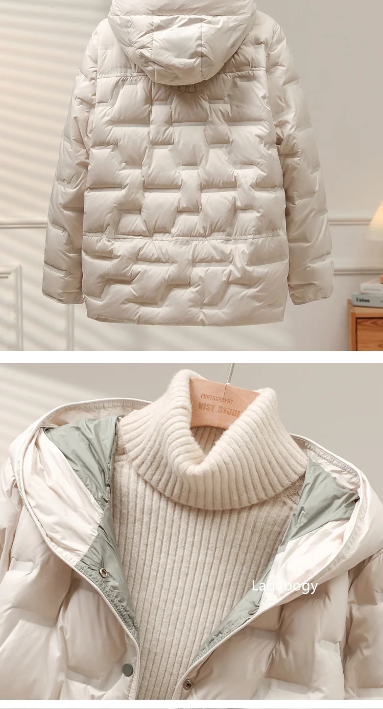 Lagabogy 2025 Autumn Winter Women White Duck Down Coat Casual Single Breasted Hooded Jacket Female Light Puffer Parka Outwear
