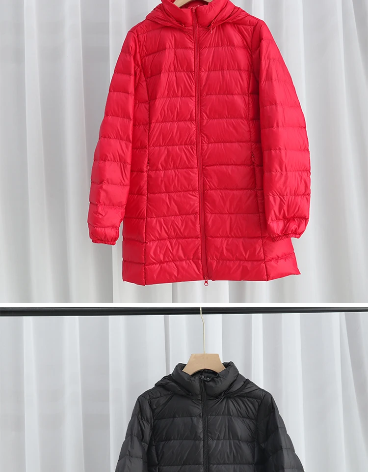 Hat Detachable Hooded Down Coat Winter Women Light Thin White Duck Down Jacket Parkas Ladies Long Warm Big Size Puffer Outwears