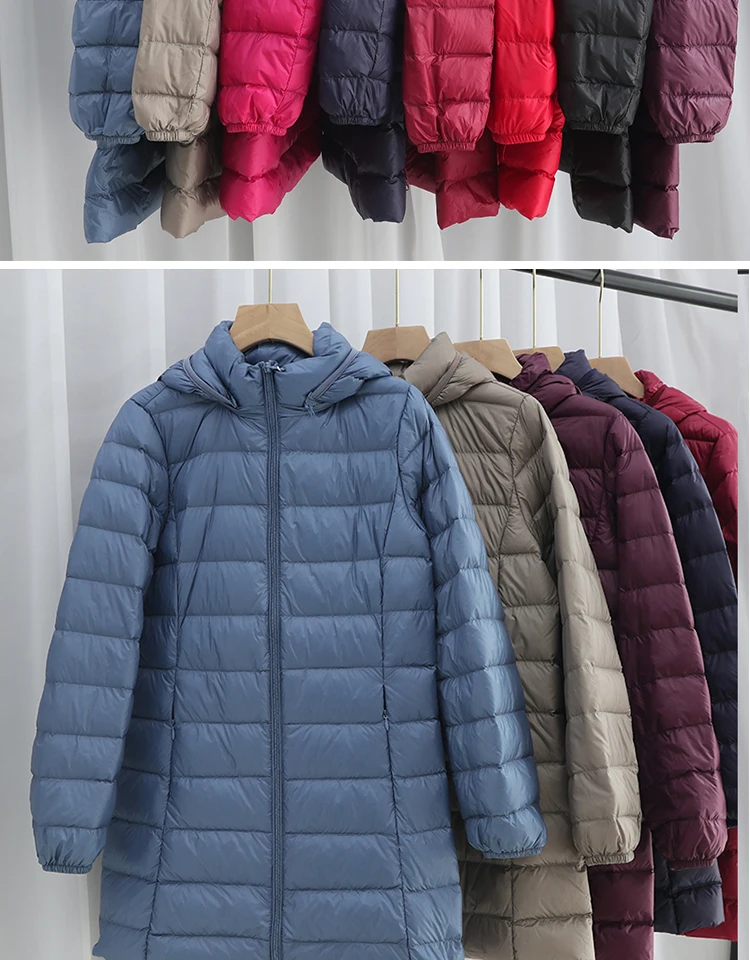 Hat Detachable Hooded Down Coat Winter Women Light Thin White Duck Down Jacket Parkas Ladies Long Warm Big Size Puffer Outwears