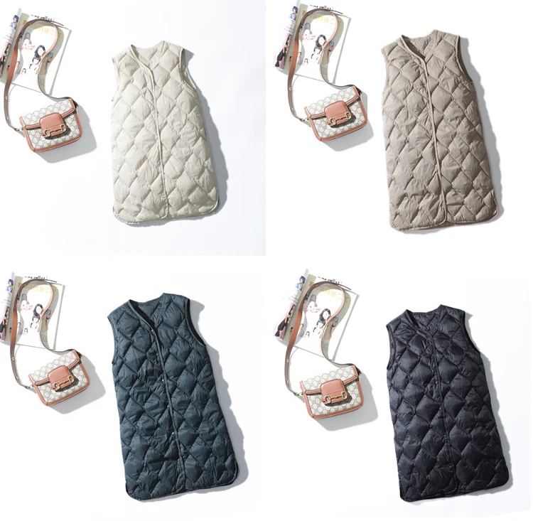 Schinteon Women Ultralight White Duck Down Long Vest Sleeveless Jacket V-Neck Collar Argyle Autumn Winter Fashion Top 2026 New