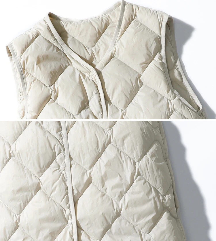 Schinteon Women Ultralight White Duck Down Long Vest Sleeveless Jacket V-Neck Collar Argyle Autumn Winter Fashion Top 2026 New
