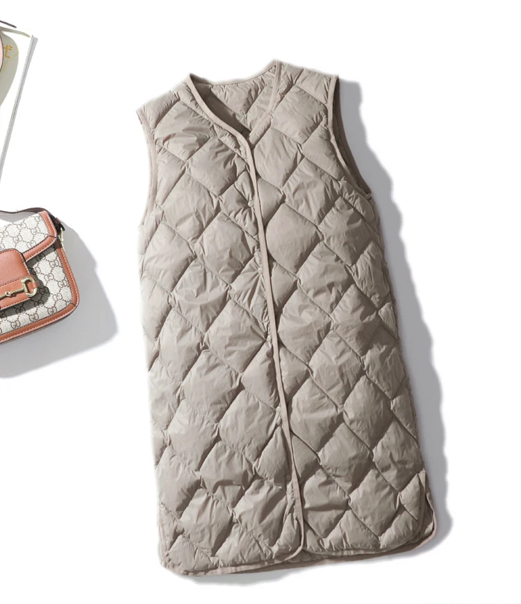 Schinteon Women Ultralight White Duck Down Long Vest Sleeveless Jacket V-Neck Collar Argyle Autumn Winter Fashion Top 2026 New