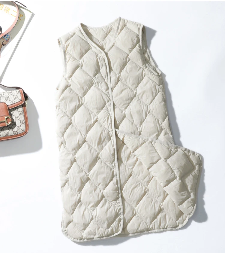 Schinteon Women Ultralight White Duck Down Long Vest Sleeveless Jacket V-Neck Collar Argyle Autumn Winter Fashion Top 2026 New