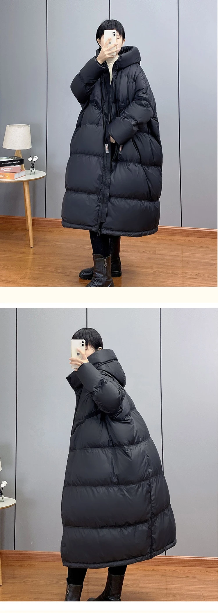 Janveny 2025 New Winter Hooded Drawstring Loose Puffer Jacket Women Solid Casual Silhouette Long 90% White Duck Down Warm Coat
