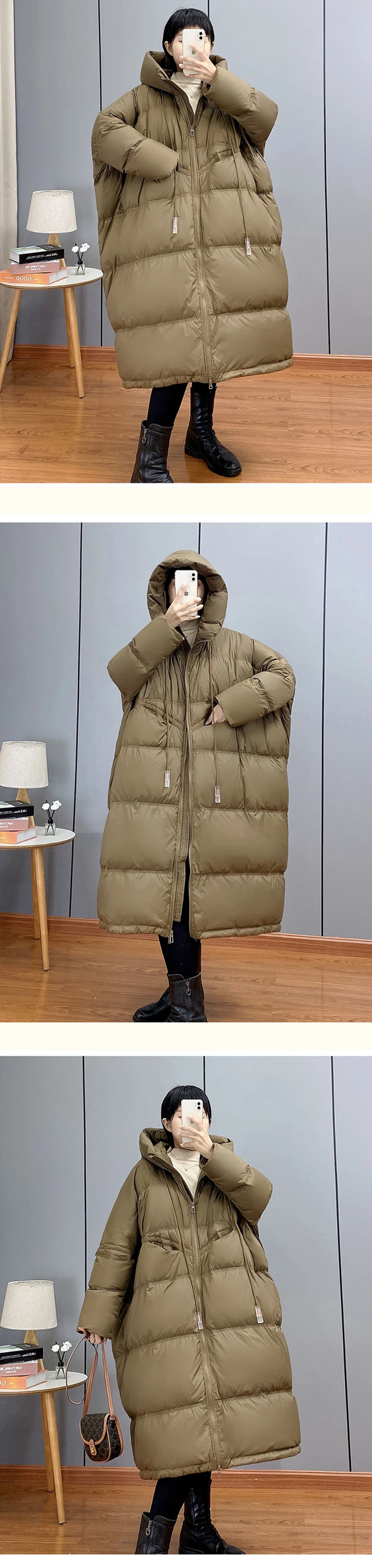 Janveny 2025 New Winter Hooded Drawstring Loose Puffer Jacket Women Solid Casual Silhouette Long 90% White Duck Down Warm Coat