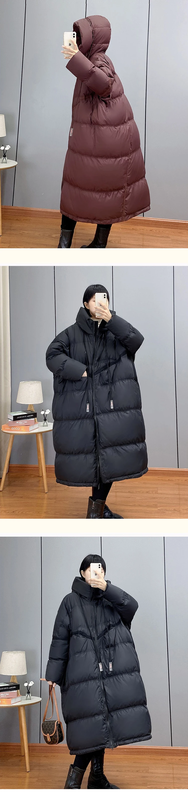Janveny 2025 New Winter Hooded Drawstring Loose Puffer Jacket Women Solid Casual Silhouette Long 90% White Duck Down Warm Coat