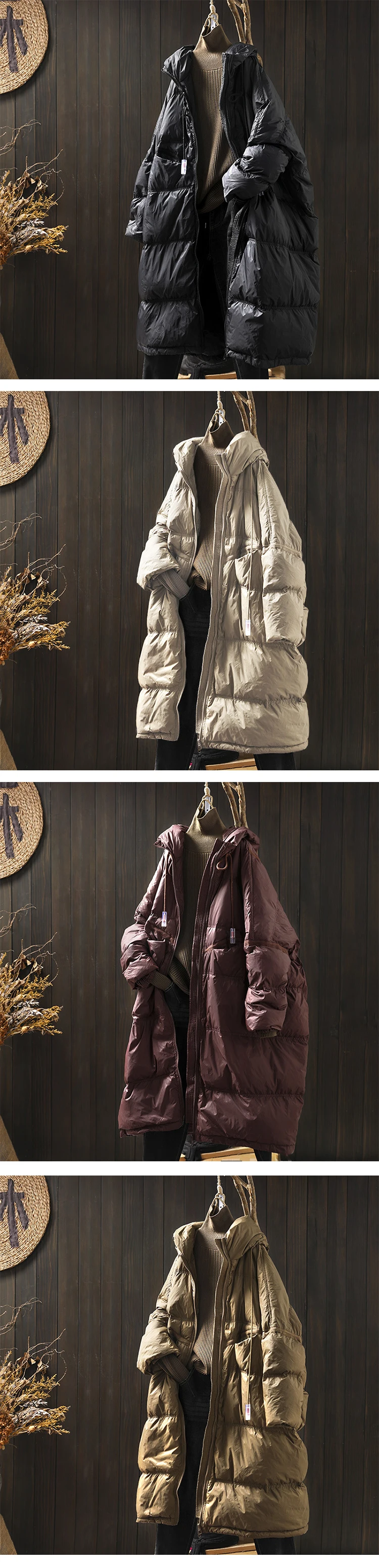 Janveny 2025 New Winter Hooded Drawstring Loose Puffer Jacket Women Solid Casual Silhouette Long 90% White Duck Down Warm Coat