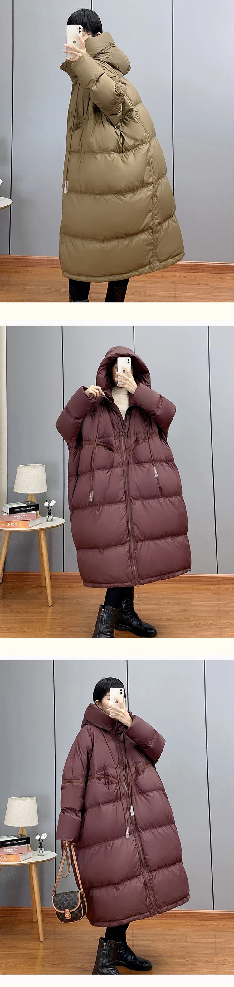 Janveny 2025 New Winter Hooded Drawstring Loose Puffer Jacket Women Solid Casual Silhouette Long 90% White Duck Down Warm Coat