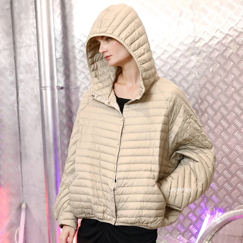 Lagabogy 2026 Winter Vintage Women Oversized Hood Puffer Jacket Female Casual Ultra Light Lantern Sleeve 90%White Duck Down Coat