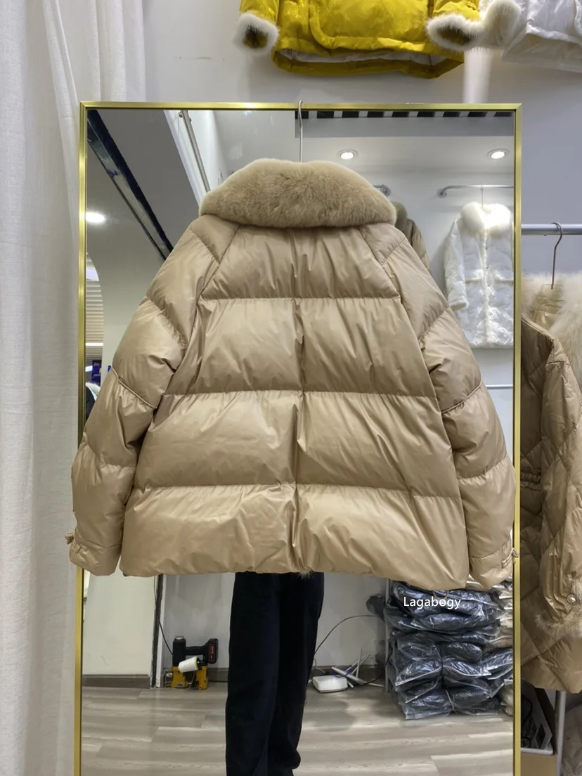 Lagabogy 2025 New Winter Women Real Fox Fur 90% White Duck Down Jacket Short Puffer Coat Female Vintage Mink Fur Patchwork Parka