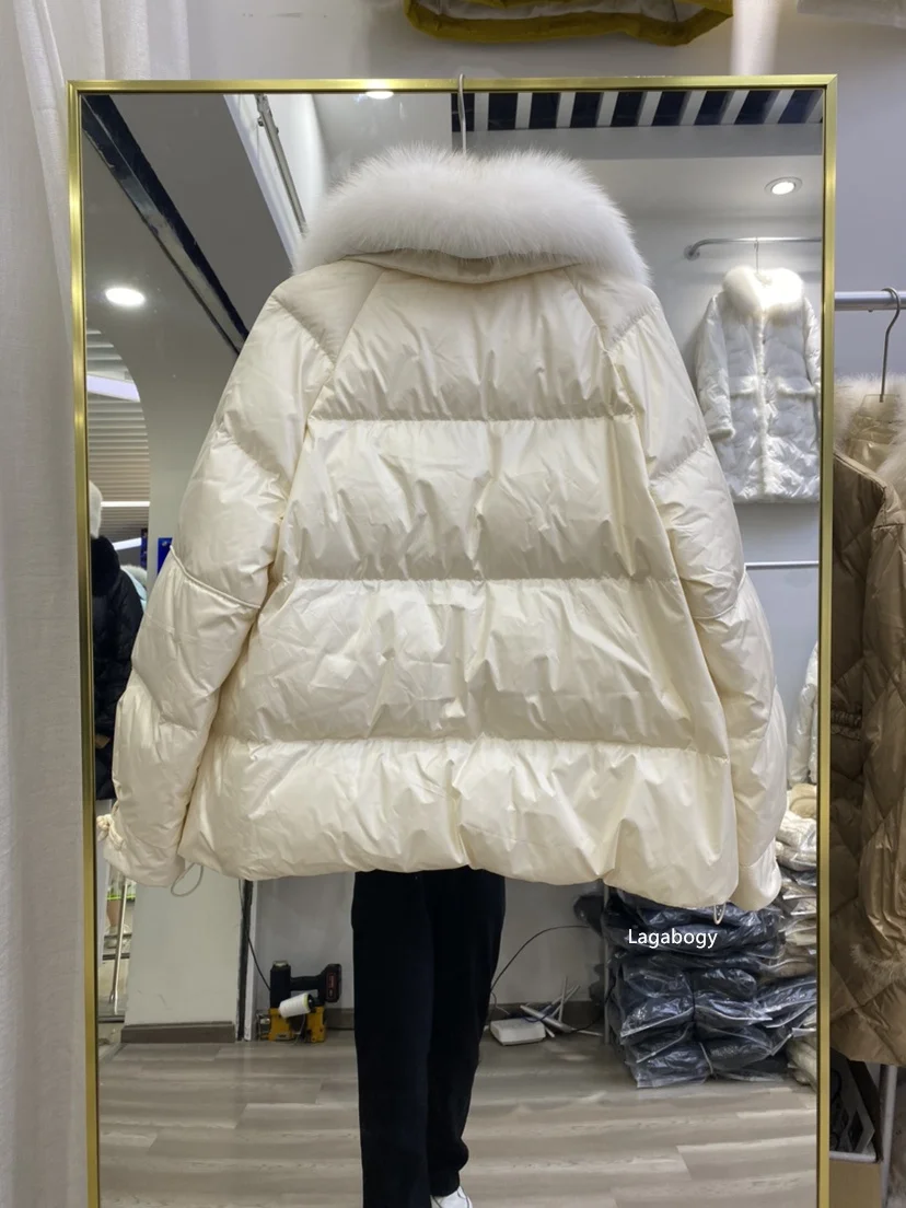 Lagabogy 2025 New Winter Women Real Fox Fur 90% White Duck Down Jacket Short Puffer Coat Female Vintage Mink Fur Patchwork Parka