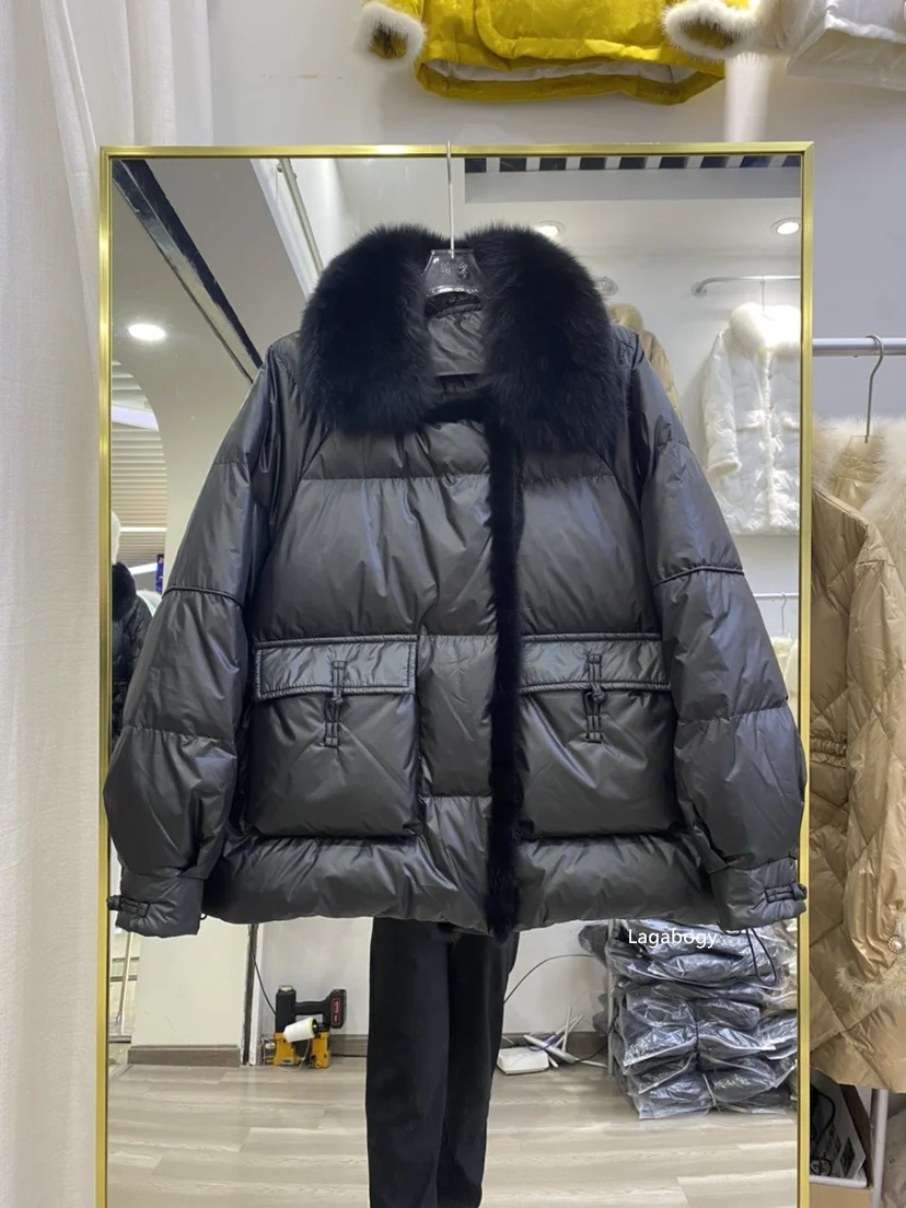 Lagabogy 2025 New Winter Women Real Fox Fur 90% White Duck Down Jacket Short Puffer Coat Female Vintage Mink Fur Patchwork Parka