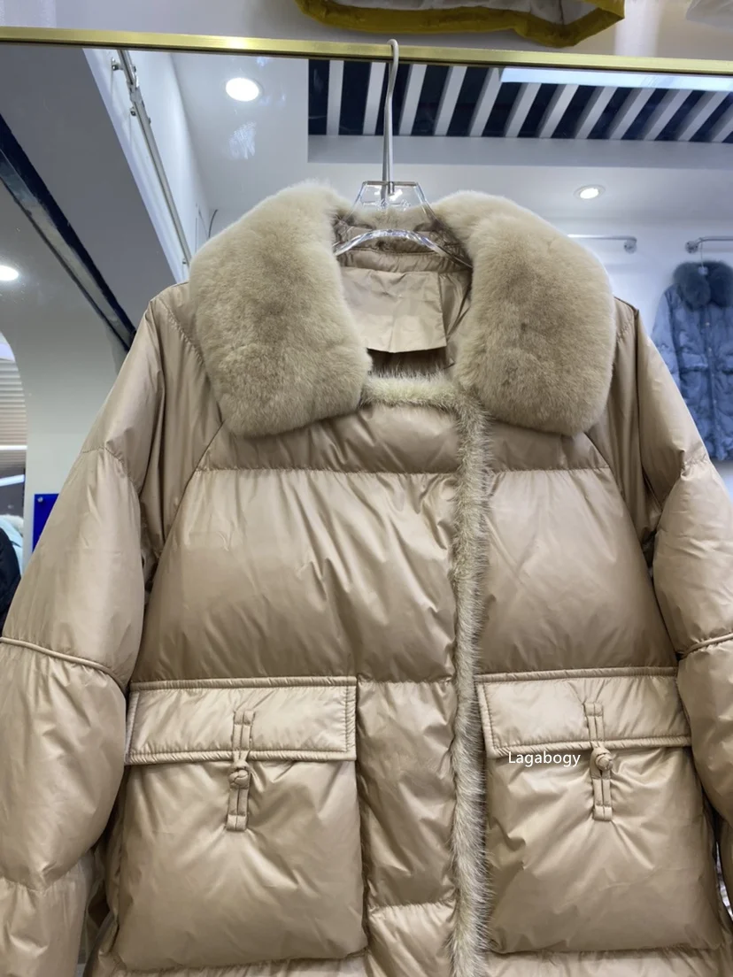 Lagabogy 2025 New Winter Women Real Fox Fur 90% White Duck Down Jacket Short Puffer Coat Female Vintage Mink Fur Patchwork Parka