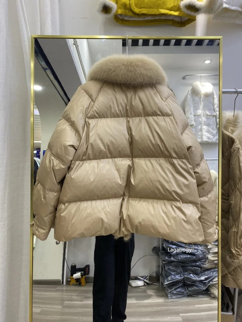 Lagabogy 2025 New Winter Women Real Fox Fur 90% White Duck Down Jacket Short Puffer Coat Female Vintage Mink Fur Patchwork Parka