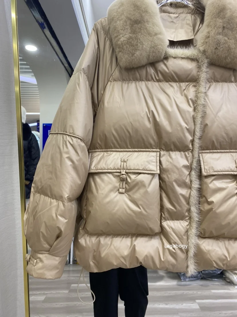 Lagabogy 2025 New Winter Women Real Fox Fur 90% White Duck Down Jacket Short Puffer Coat Female Vintage Mink Fur Patchwork Parka