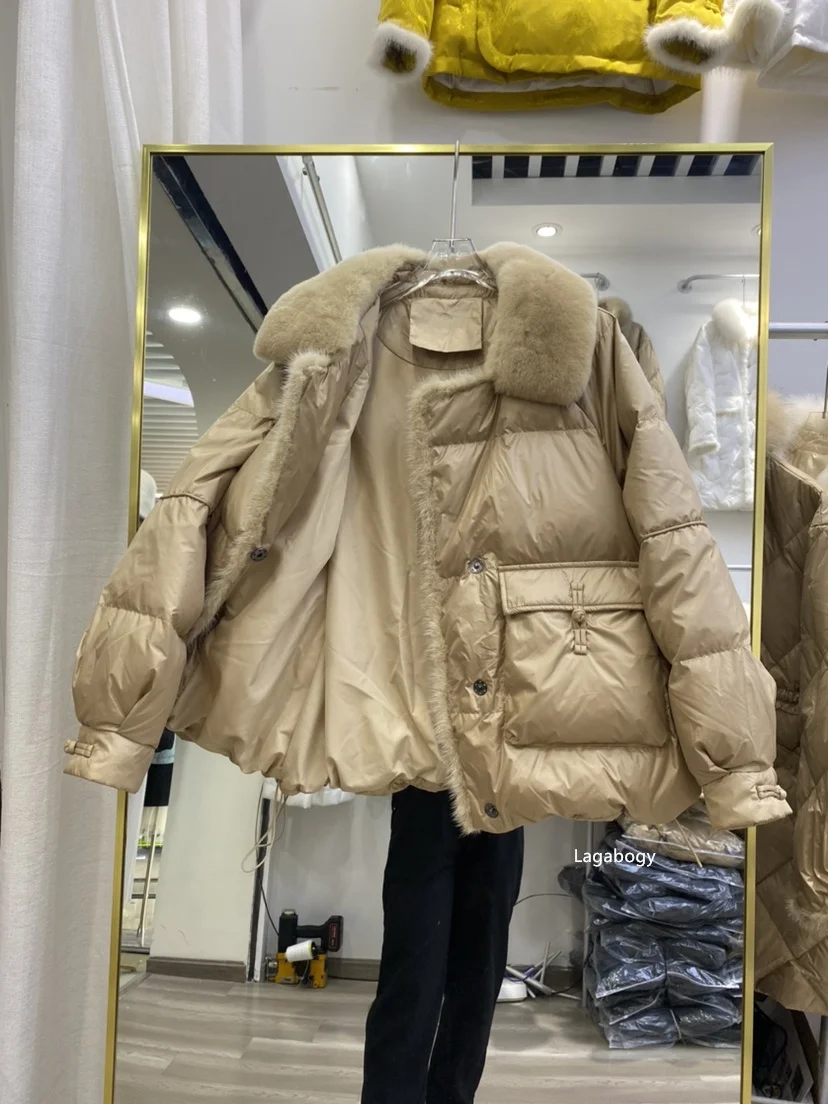 Lagabogy 2025 New Winter Women Real Fox Fur 90% White Duck Down Jacket Short Puffer Coat Female Vintage Mink Fur Patchwork Parka